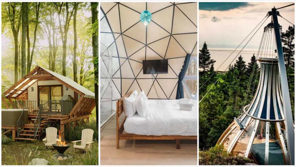 Quelqu'un a dit glamping? De gauche à droite : Momentôm refuge nature, Dôme triple - Bel Air Tremblant, Les Perchoirs du Cirque