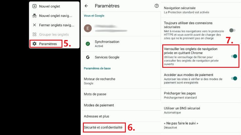 La suite des étapes pour activer « incognito reauthentication » sur un appareil Android. aperçu activation protection empreinte navigation privée Chrome