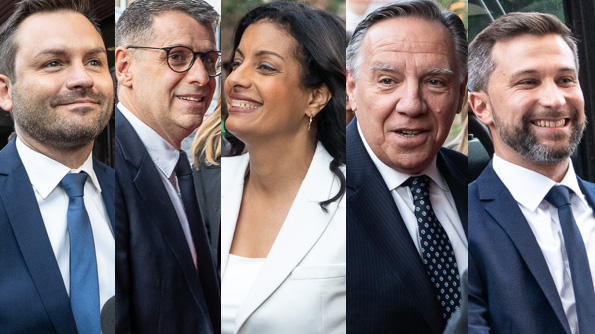 Paul Saint-Pierre Plamondon, Éric Duhaime, Dominique Anglade, François Legault et Gabriel Nadeau-Dubois à leur arrivée au débat du Face-à-face TVA.