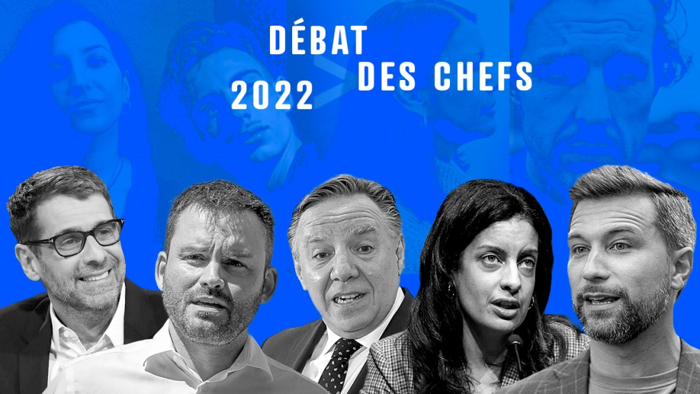 Montage affichant les mots Débat des chefs et les photos de Éric Duhaime, Paul Saint-Pierre Plamondon, François Legault, Dominique Anglade et Gabriel Nadeau-Dubois