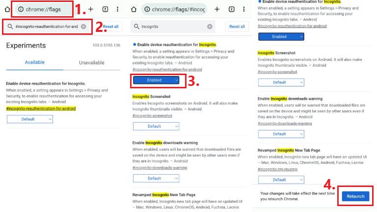 Les premières étapes pour activer « incognito reauthentication » sur un appareil Android. aperçu activation protection empreinte navigation privée Chrome