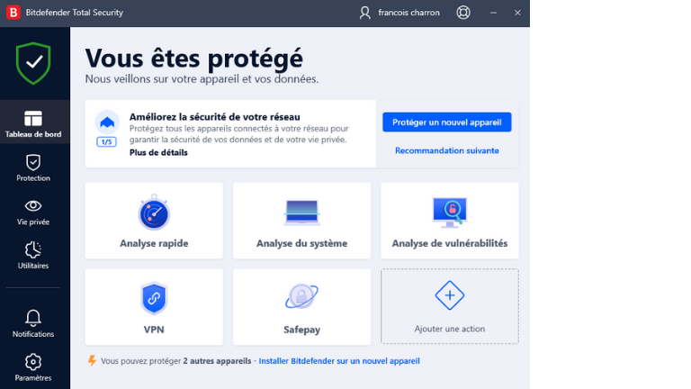Un aperçu de l'interface facile de Bitdefender sur un ordinateur Windows. aperçu interface facile ordinateur PC antivirus Bitdefender