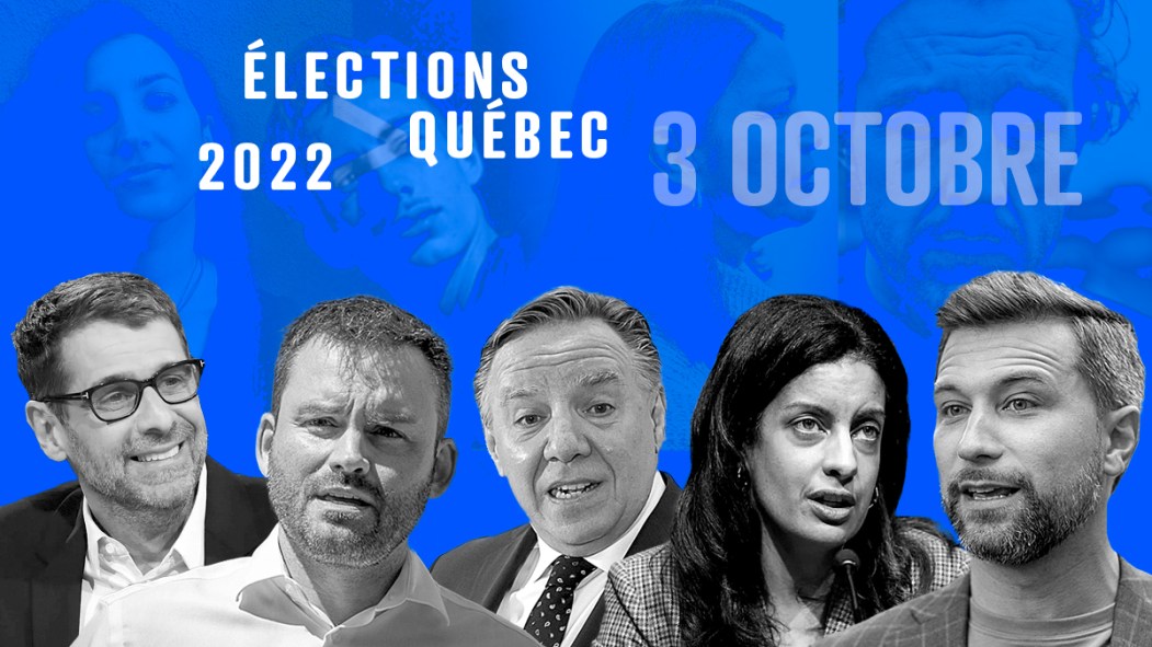 Montage des faces d'Éric Duhaime, Paul St-Pierre-Plamondon, François Legault, Dominique Anglade et Gabriel Nadeau-Dubois, sur fond bleu avec la mention Élections Québec 2022.