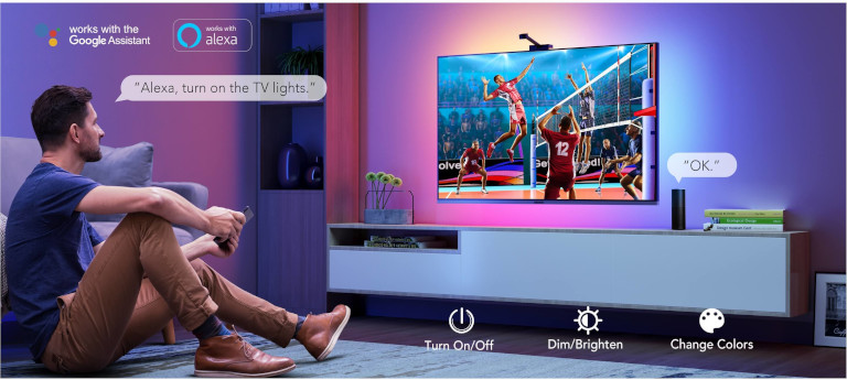 Les lumières interactives de Govee peuvent être contrôlées à partir de notre assistant vocal favori. Immersion Wi-Fi TV Backlights Govee assistant vocal Google Alexa Siri