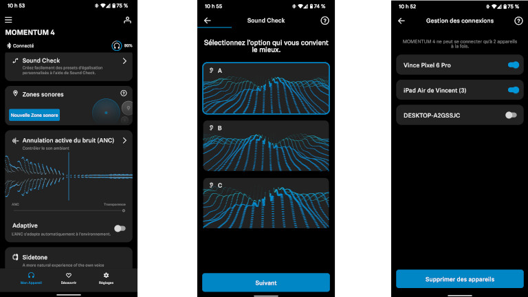 Plusieurs configurations pour le casque Momentum 4 de Sennheisser sont accessibles via l'application mobile. Sennheiser Momentum 4 application mobile