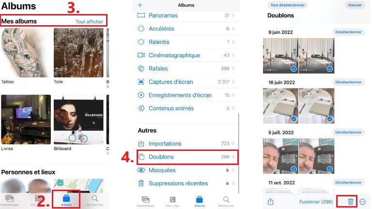 aper&ccedil;u marche &agrave; suivre suppression doublons iOS 16