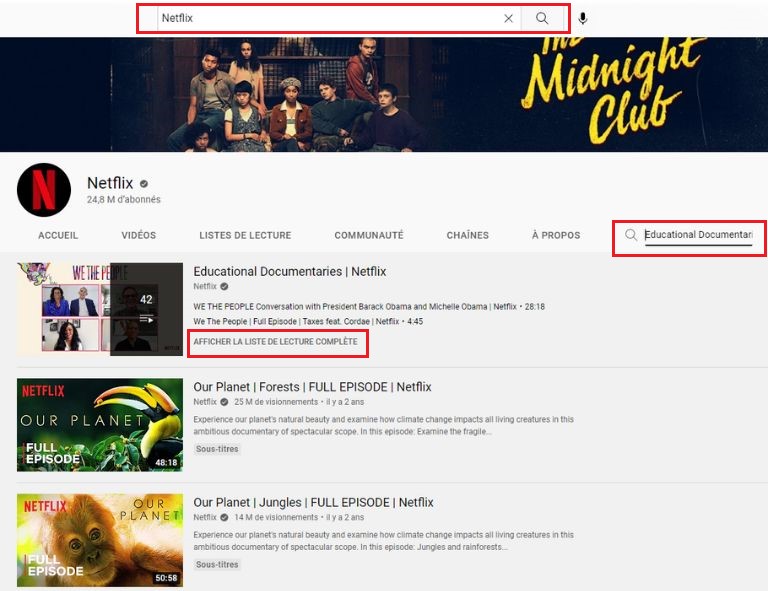 Un aperçu des étapes pour rechercher la liste YouTube Educational Documentaries de Netflix. comment accéder Documentaires Netflix gratuits YouTube