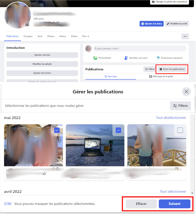 Comment supprmier plusieurs publications Facebook ordinateur