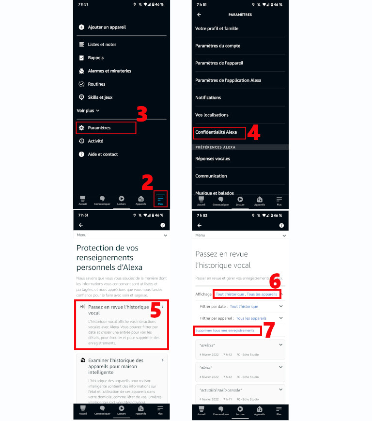 Voici les étapes pour supprimer les enregistrements de l’assistant Echo d’Amazon. Étapes supprimer enregistrements assistant vocal Alexa Echo Amazon