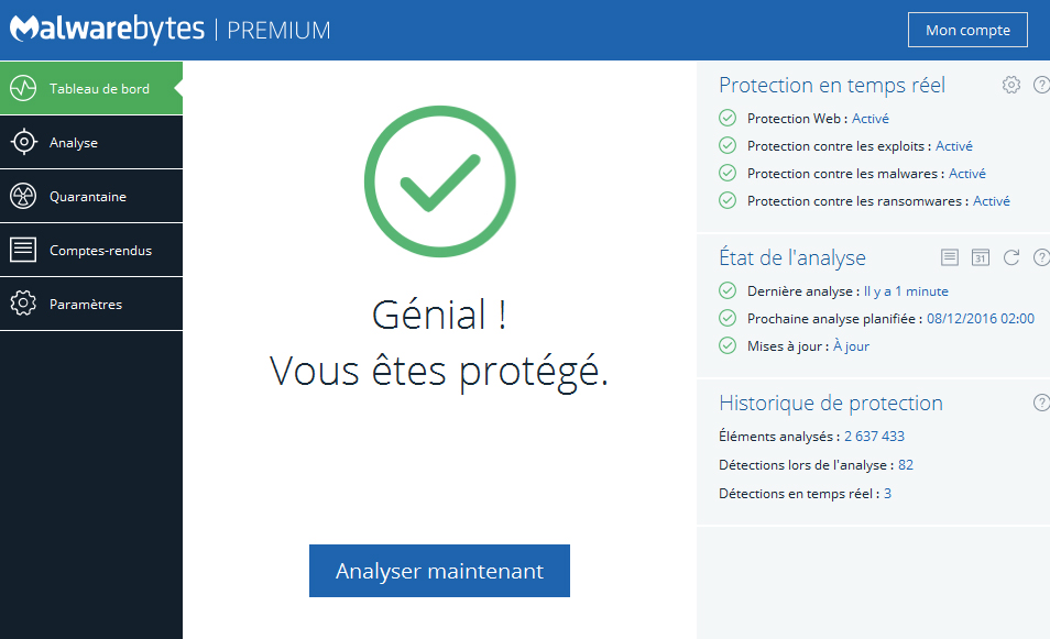 Malwarebytes tableau de bord protection pc