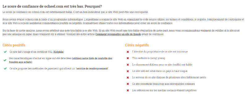 Scamadviser nous liste les raisons pour lesquelles un site est digne ou non de confiance. Scamadviser informations site fraude
