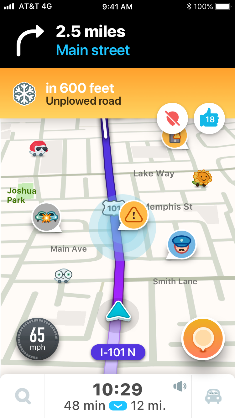 Une alerte nous prévient dans le haut comme quoi la route n’a pas été déneigée. Crédit : Waze. Waze alerte neige route enneigée hiver
