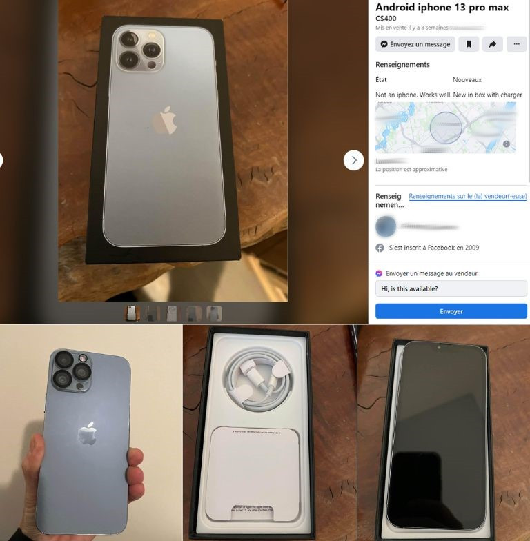 apercu-annonce Marketplace faux iPhone t&eacute;l&eacute;phone Android