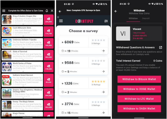 Cointiply sondages jeux r&eacute;compenses cryptomonnaies gratuits