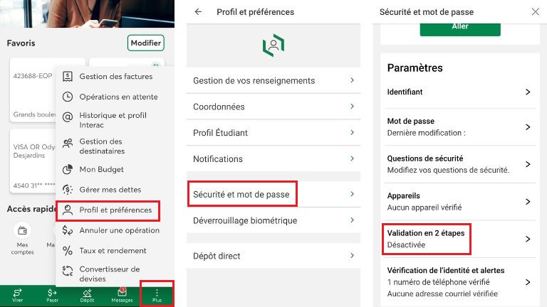 La marche à suivre pour activer la validation en 2 étapes de Desjardins sur mobile. comment activer 2FA Desjardins Accèsd mobile
