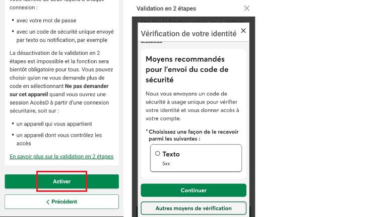 La marche à suivre pour activer la validation en 2 étapes de Desjardins sur mobile. comment activer 2FA Desjardins Accèsd mobile