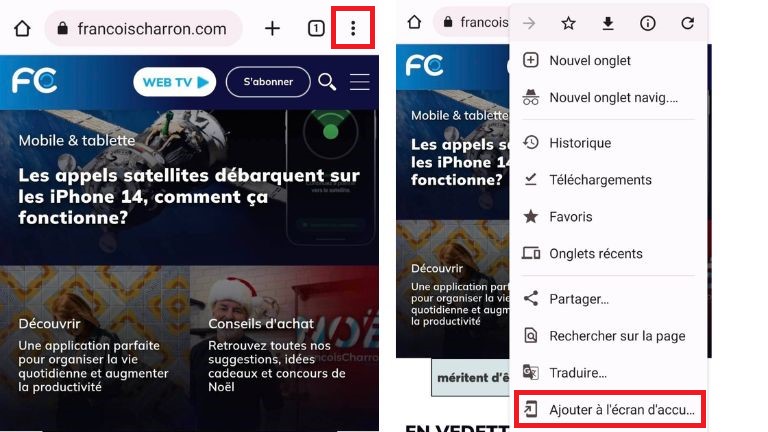 comment cr&eacute;er un raccourci site web mobile chrome