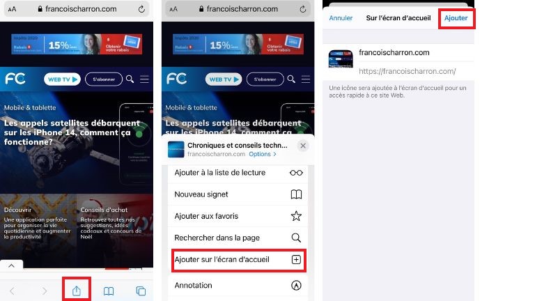 comment cr&eacute;er un raccourci site web mobile safari