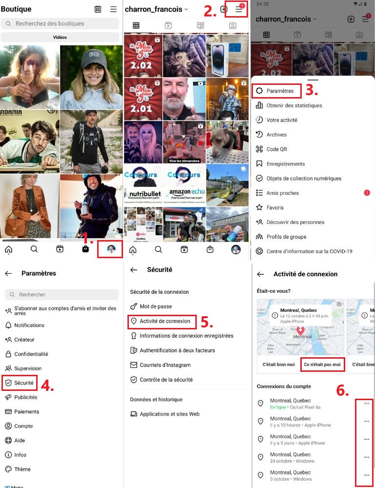 Instagram activit&eacute;s connexion compte pirat&eacute; compromis s&eacute;curit&eacute;
