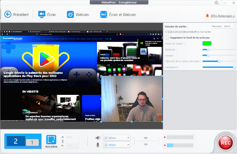 VideoProc Converter capture &eacute;cran et webcam