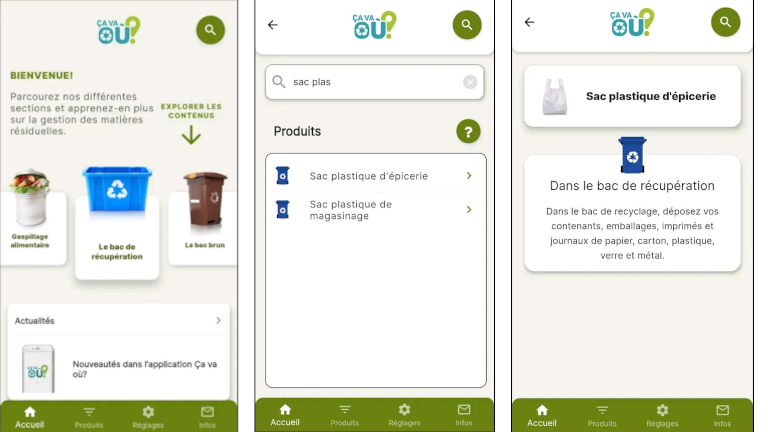 Un aperçu de l’application que l’on peut télécharger sur iOS et Android. aperçu app mobile iOS Android Ça va où Recyc-Québec