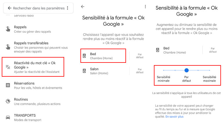 aper&ccedil;u comment ajuster sensibilit&eacute; assistant google divers appareils