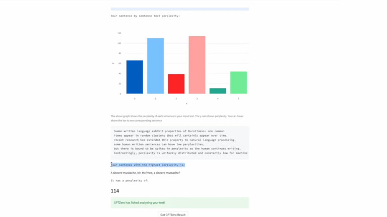 GPTZero Classic nous affiche un score de perplexité afin de nous indiquer si un texte a été généré ou non par une IA comme ChatGPT. GPTZero Classic analyse texte ChatGPT