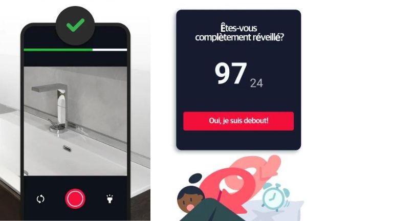 On n’a qu’à prendre une photo ou secouer notre téléphone plusieurs fois pour nous réveiller. aperçu de l'application alarmy android