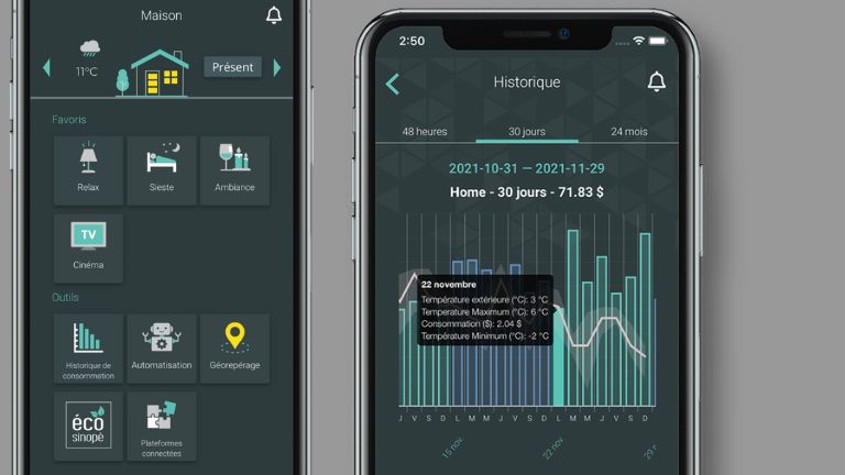 aper&ccedil;u de l'application mobile Neviweb de Sinop&eacute;