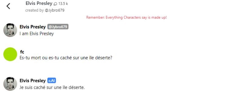 aper&ccedil;u d'une conversation ludique sur character.AI