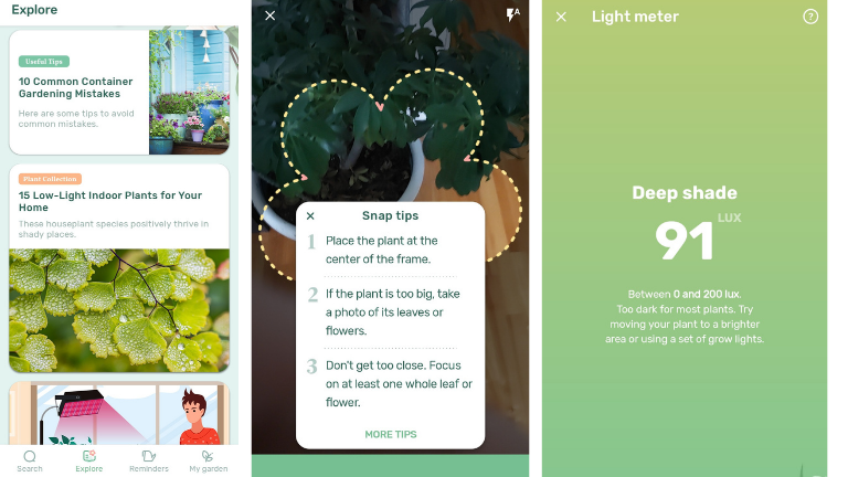 Un aperçu des diverses fonctions disponibles dans l’application mobile Blossom. aperçu diverses fonctions disponibles application Blossom entretien plantes