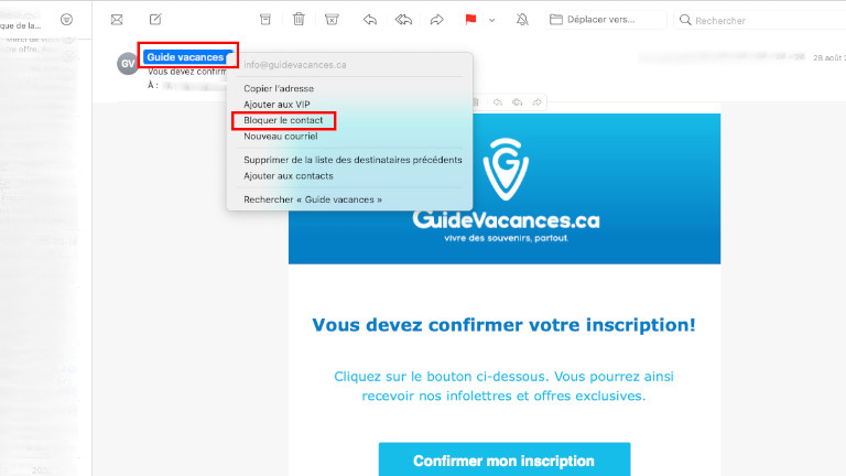 Comment bloquer contact exp&eacute;diteur courriel Mail Mac