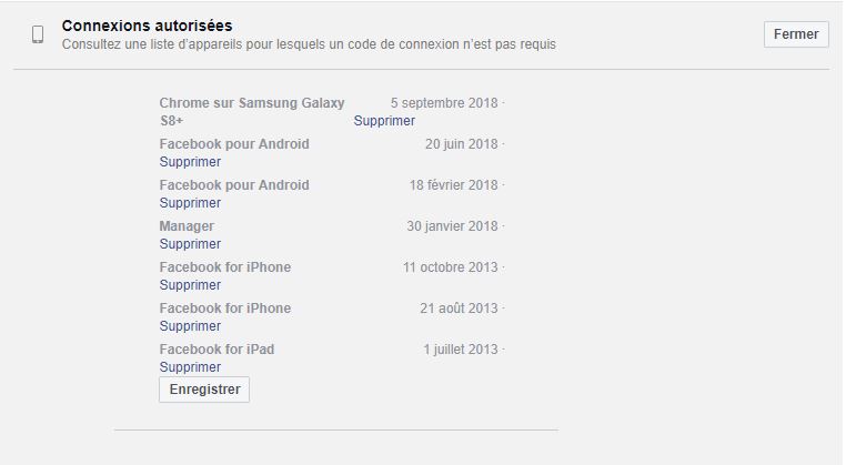 Facebook connexions autoris&eacute;s appareils