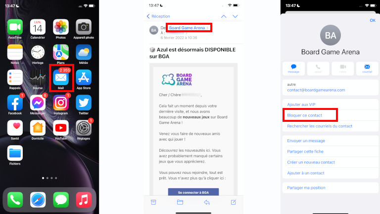 1re fa&ccedil;on bloquer contact courriel Mail iPhone iPad