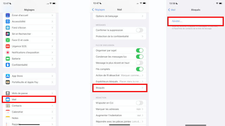 2e fa&ccedil;on bloquer contact Mail iPhone iPad