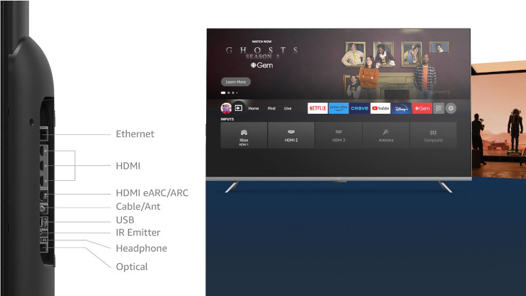 On retrouve sur les téléviseurs Omni: 1 port ethernet, 3 HDMI 2.0, 1 HDMI eARC 2.1, 1 port USB 3.0, 1 port IR, 1 port 3.5mm et 1 port optique. Fire TV Série Omni ports