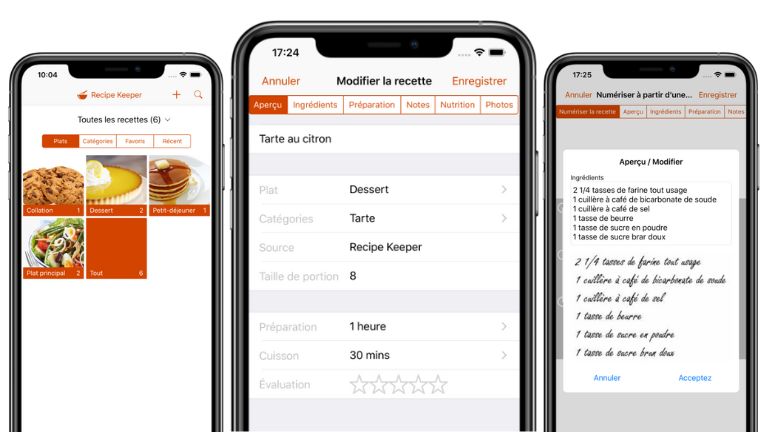 Un aperçu de l'interface de l'application mobile de Recipe Keeper. aperçu de quelques fonctionnalités applicaiton mobile android
