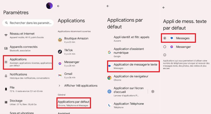 La marche à suivre pour mettre Messages de Google comme application de messagerie par défaut. comment changer son application de messagerie par défaut sur android