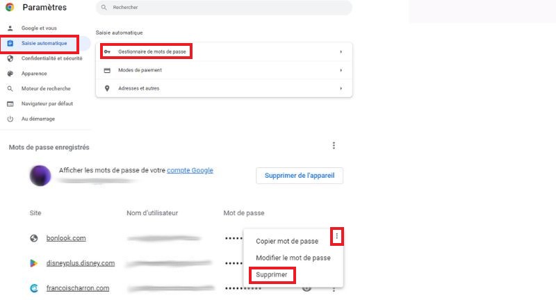 comment supprimer les mots de passe enregistr&eacute;s dans le gestionnaire de Google Chrome sur ordinateur