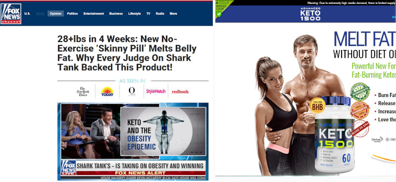 Faux sit Fox News publicit&eacute; pilules Keto amincissantes Facebook