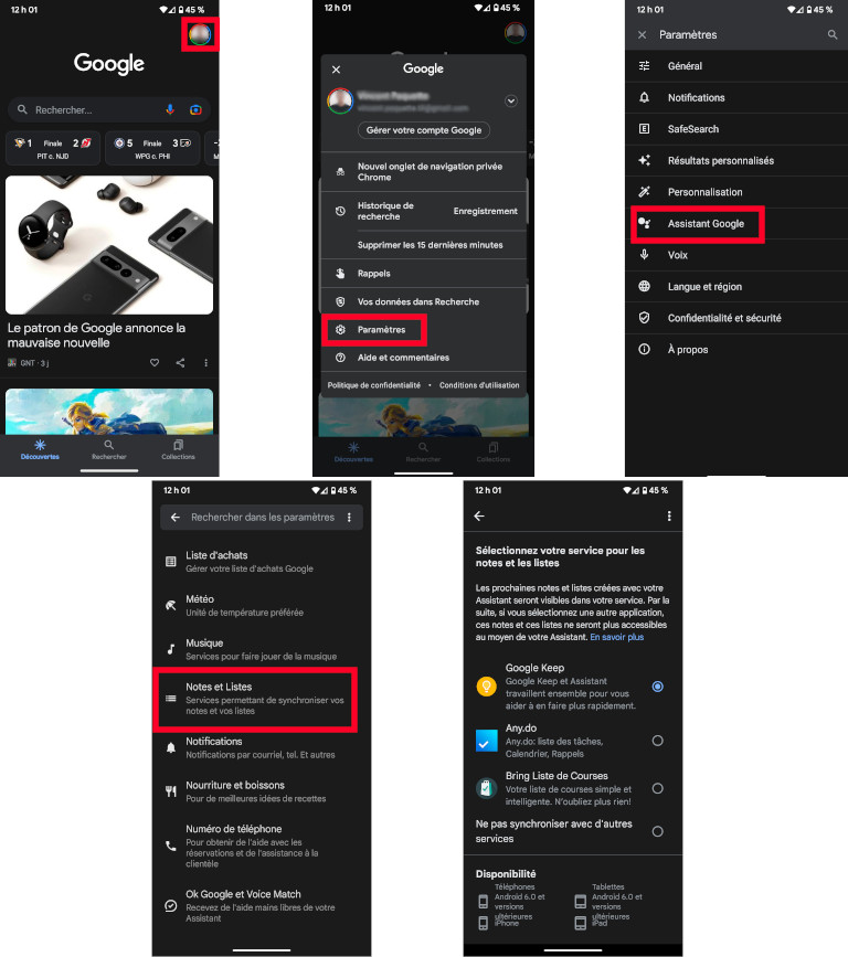 Voici comment sélectionner dans quelles applications nos notes et listes que l’on a dictées à l’Assistant Google. Google Assistant paramètres notes et listes