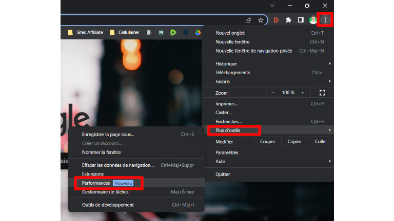 Onglet Performances Google chrome