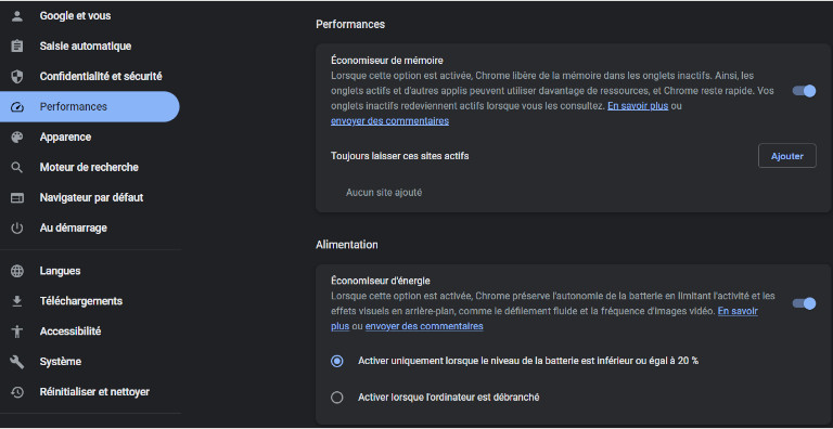 Onglet Performances Google Chrome ordinateur