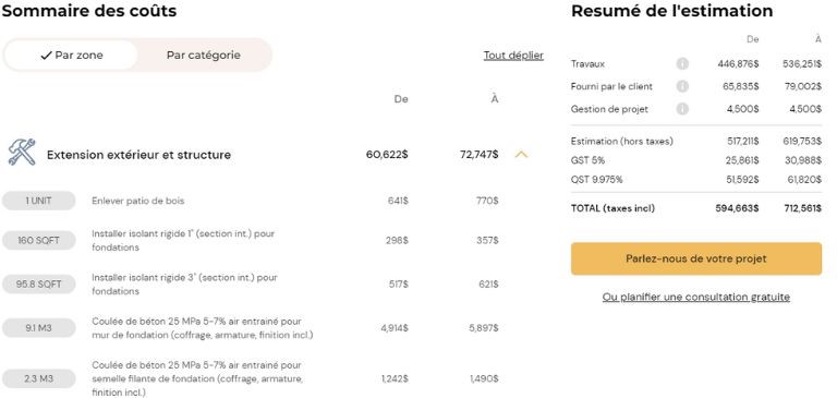 aper&ccedil;u de l'estim&eacute; fictif fait par Billdr constructions r&eacute;novations