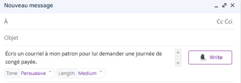 Un exemple des options choisies pour faire rédiger un courriel par GhostWrite. exemple aperçu options rédaction courriel ai ghostwrite