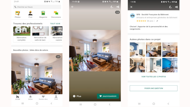 On peut facilement interagir avec les autres utilisateurs de l'application, soit en cliquant sur l'image ou par les forums de discussion. application houzz décoration poser question forum discussion aide décorations
