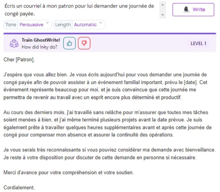 Un aperçu du message créé par GhostWrite pour une demande de congé payé. aperçu exemple rédaction message ai ghostwrite