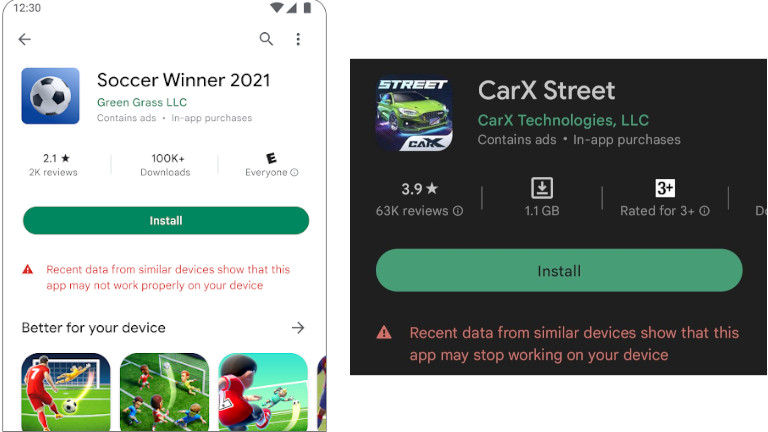 Voici un aperçu de l’alerte que l’on peut retrouver sur Play Store quand une application n’est pas optimisée sur notre appareil Android. Avis applications Android risque bogue plantage