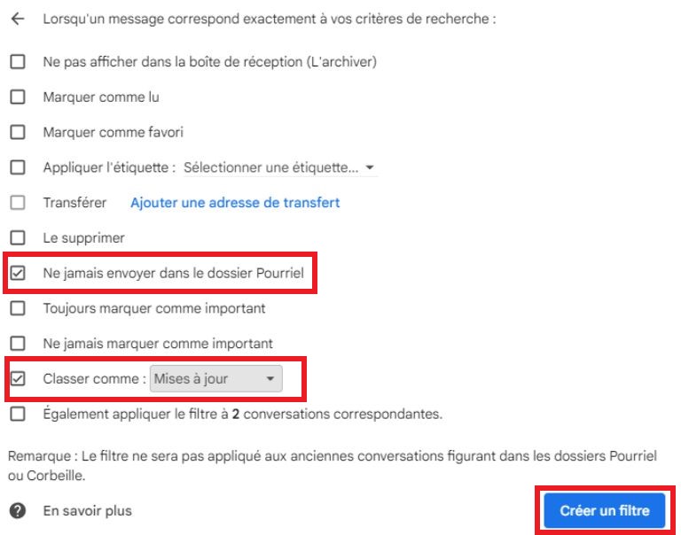 Comment cr&eacute;er une r&egrave;gle courriels infolettres &agrave; conserver Gmail