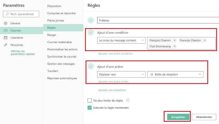 Comment cr&eacute;er une r&egrave;gle courriels infolettres &agrave; conserver Outlook